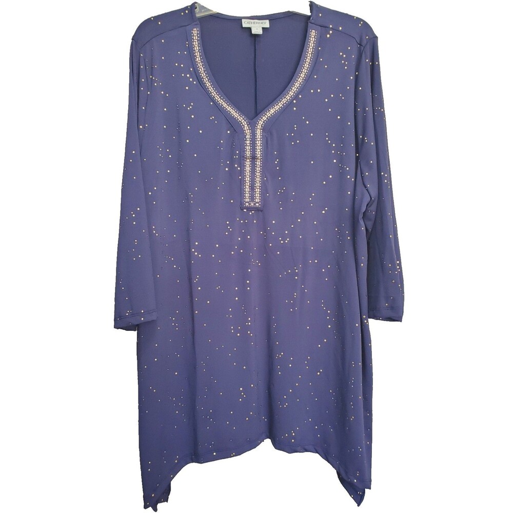 Catherines Blue Gold Studded Embellished Shark Bite Hem Stretchy Tunic Size 1X
